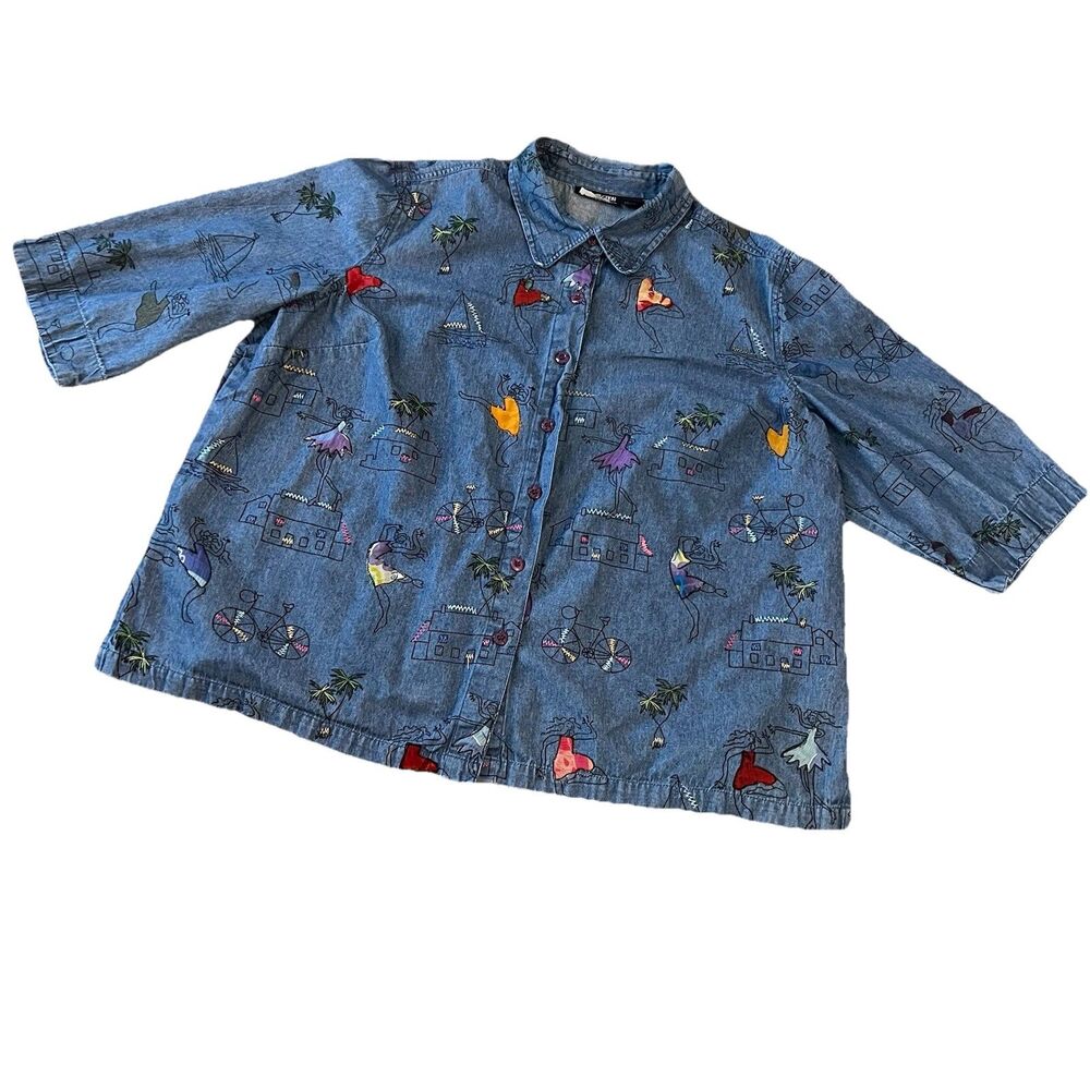 New Directions Women’s Chambray Button Up Shirt 3X Embroidered Dancing Girl Tree - Picture 1 of 7